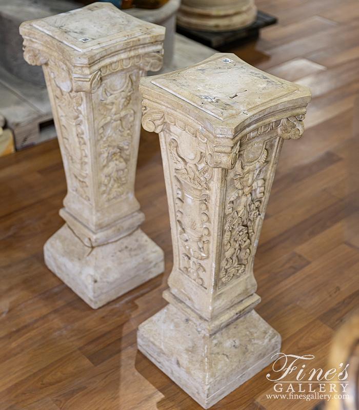 Marble Bases  - Ornate Hand Carved Pedestals In Light Travertine - MBS-080